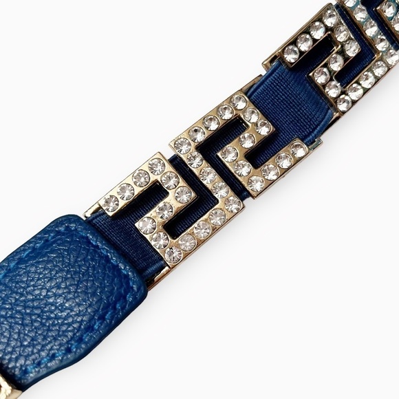 Vintage 80s Rhinestone Greek Key Blue Stretchy Belt - Picture 8 of 12